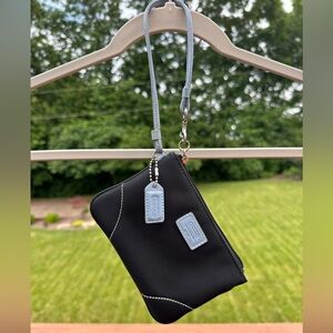 Coach Black Fabric Wristlet with Blue Leather Accents Interior White Black  Logo